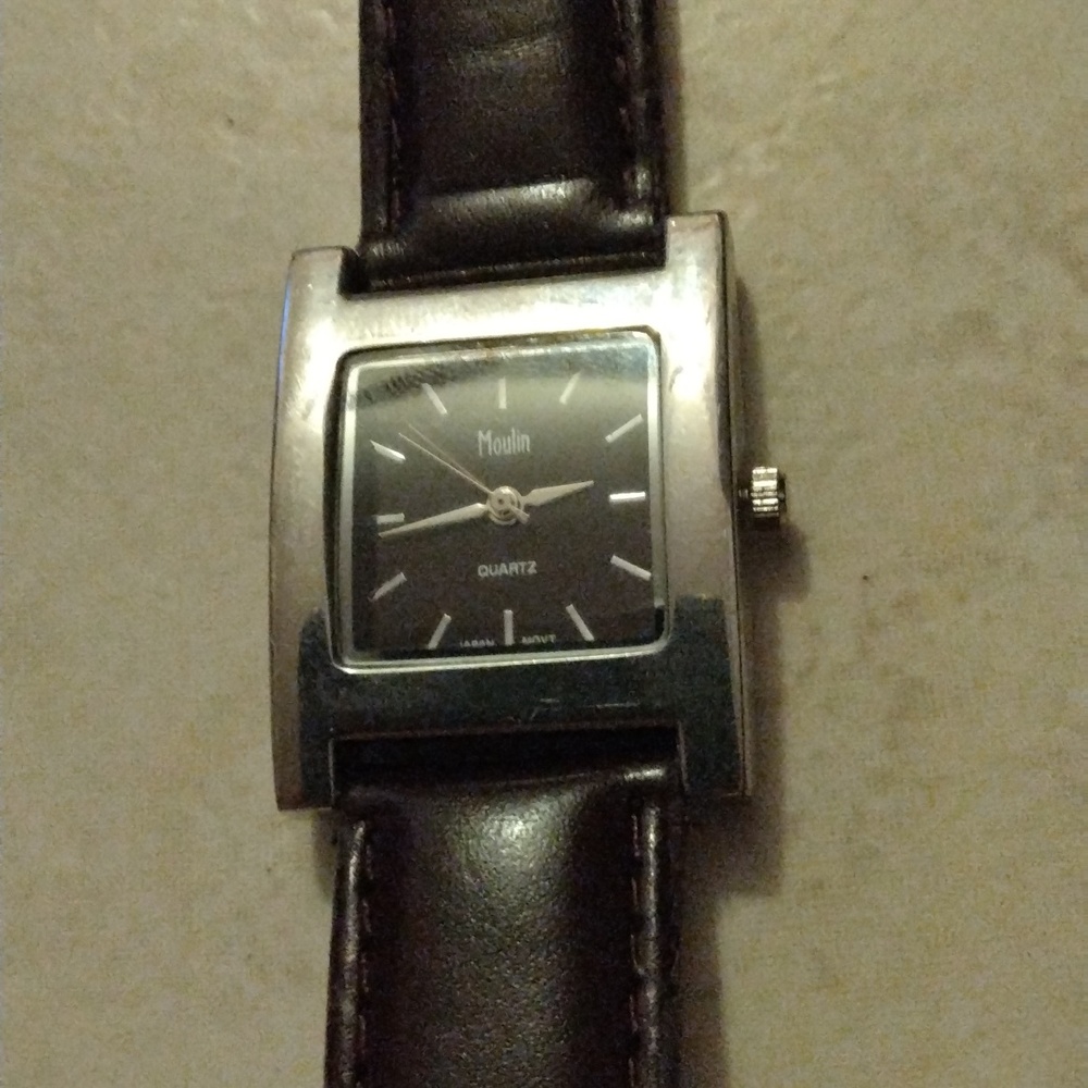 WORKING!  EUC MOULIN  Stainless steel black leather watch. Unisex.